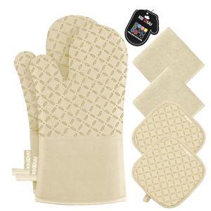 KEGOUU Oven Mitts and Pot Holders 6pcs Set, Kitchen Oven Glove High Heat Resistant 500 Degree Extra Long Oven Mitts and Potholder with Non-Slip Silicone Surface for Cooking (Beige)