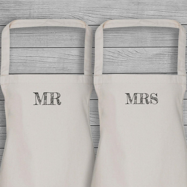 Mr & Mrs Matching Adult Apron Set - Beige - Couples, Kitchen Gift, Printed Apron, Wedding Gifts, Anniversary Gifts, Gift