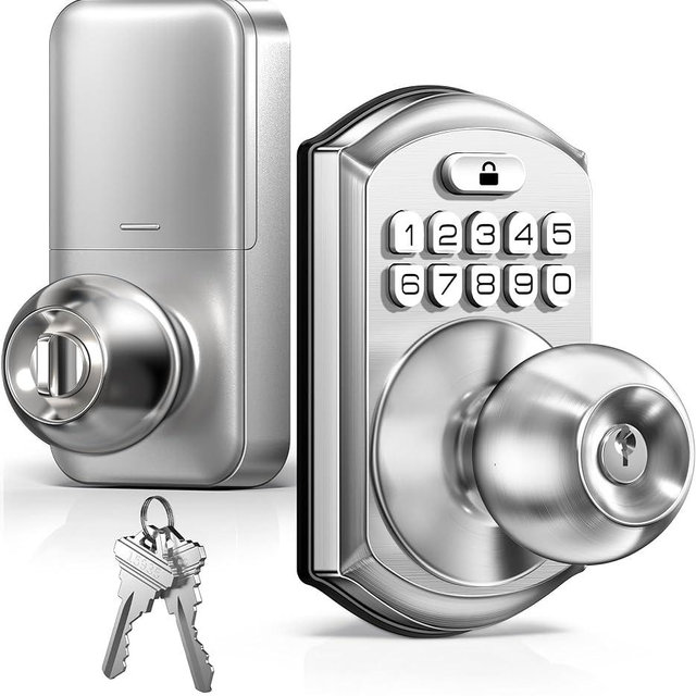 TEEHO TE003 Keyless Entry Keypad Door Lock with Handle, Electronic Digital Smart Locks for Front Door, Smart Door Knob with Code for Bedroom with Interior Locks, Auto Lock, Passage Mode, Satin Nickel
