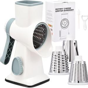 Rotary Cheese Grater with Handle Kitchen Shredder Slicer Grater Slicer Ice Shaver Cheese Vegetable Nuts Potato Zucchini Chocolate 3 Interchangeable Blades (WhiteBlue)