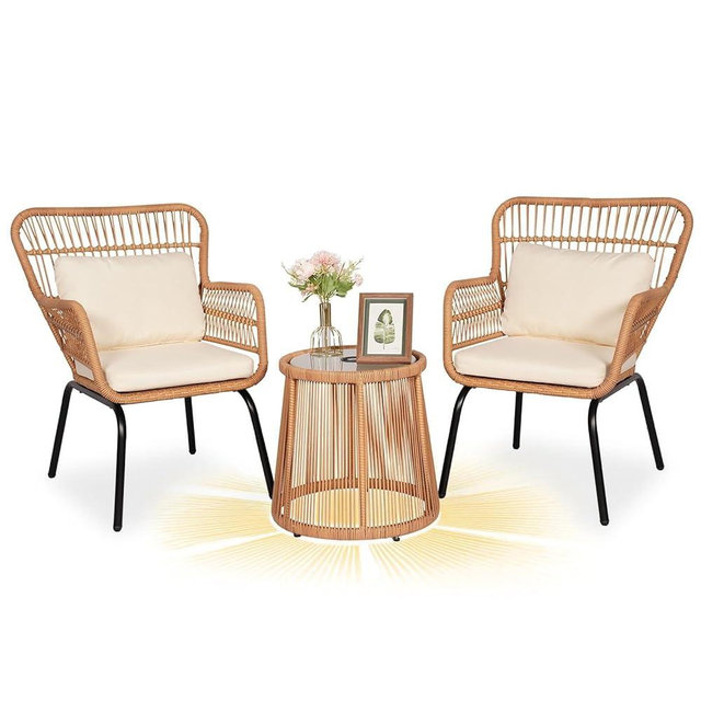 HOMEZILLIONS 3 Piece Outdoor Wicker Furniture Bistro Set, Rattan Chairs Conversation Sets with Solar Light, Wicker Patio Furniture for Balcony Poolside Backyard, Beige