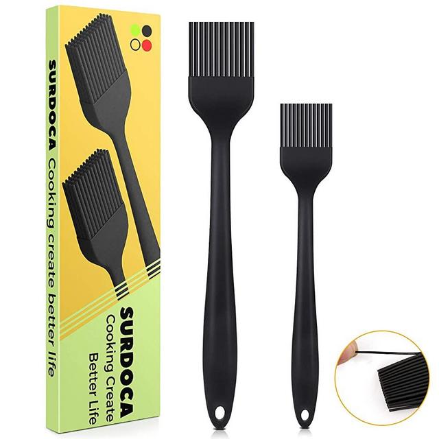 SURDOCA Silicone Basting Pastry Brush - 2 PCs 8.2 In + 10.1 In High Heat Resistant Nonstick Silicone brushes for kitchen Baking,Barbecue BBQ,Cooking & Grilling Stainless Steel Core, BPA Free Black