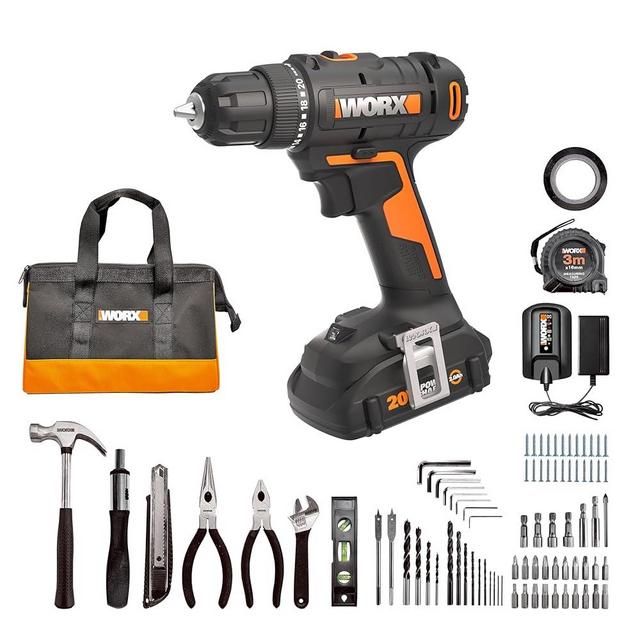 Worx 20V 3/8" Cordless Drill with 84pc Accessory Kit, Variable 2-Speed Drill Set 265 In-Lbs Torque 20+1 Clutch, Lightweight Compact Drill Driver 3/8-Inch Keyless Chuck – Battery & Charger Included