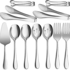 11 PCS Serving Utensils, Large Stainless Steel Spoons Forks Tongs, Pie Server, Great for Hostess Buffet Catering Banquet Party, Silver