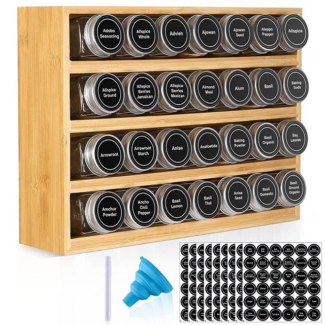 Bamboo Spice Rack Organizer With 28 Spice Jars, 396 Labels, 4 Tier Wood Hanging Shelf, Chalk Marker and Funnel Set for Drawer Cabinet Kitchen Countertop Wall Mount, Empty 4 oz Glass Jar & Shaker Lids