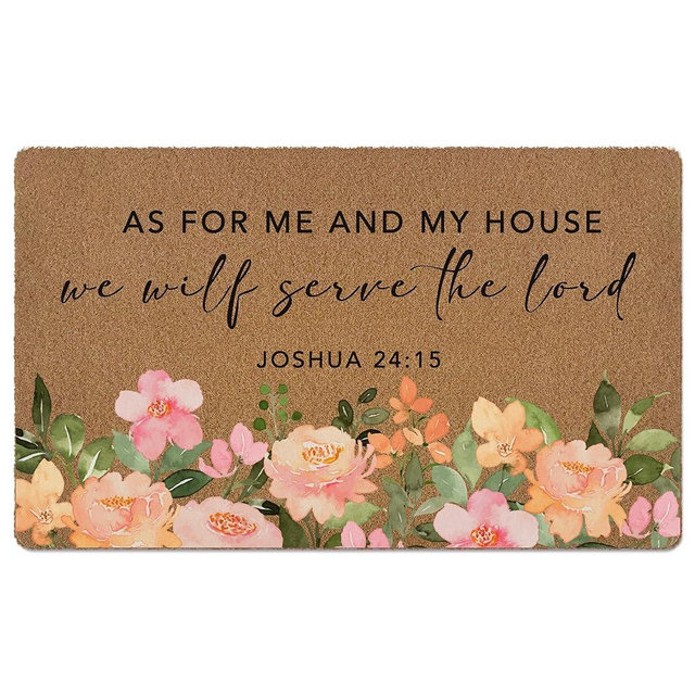 huester Christian Floral Welcome Door Mat, As for Me and My House We Will Serve Bible Verse Religious Decorative Home Indoor Outdoor Porch Front Door Entrance Outside Welcome Doormat, 17x30 Inch
