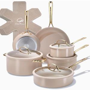 Chef Power Ceramic Cookware Sets, 15Pcs Pots and Pans Set Non Stick, Cookware Set with Stainless Steel Handle, Dishwasher & Oven Safe, Taupe and Light Gold Handle