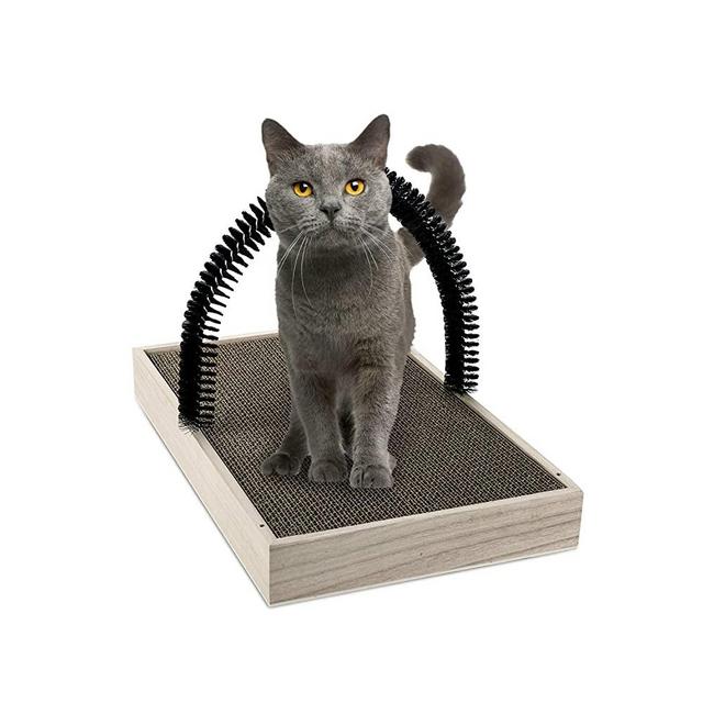 Ale Pomos Pet Fur Grooming Cat Scratching Pads,Cats Self Groomer Massager Scratcher Toy Brush,Cat Scratching Pads with Wooden Tray