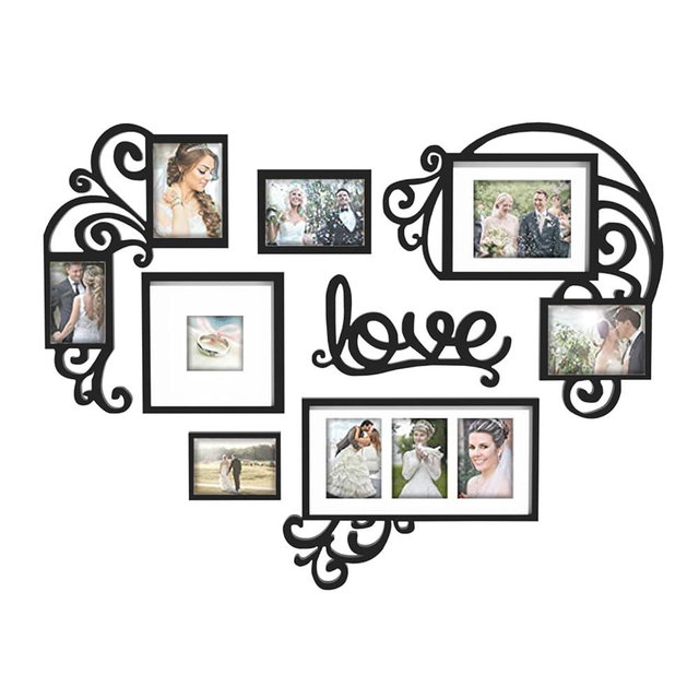 J.M.Deco 7 Pack Vintage Picture Frames, Love Shape Heart Photo College Frames, Valentine Display Multiple Photos For Family Home Living Room 4''x4'' / 4''x6''/ 5''x7''/ 5''x8'' Frames Set | Black
