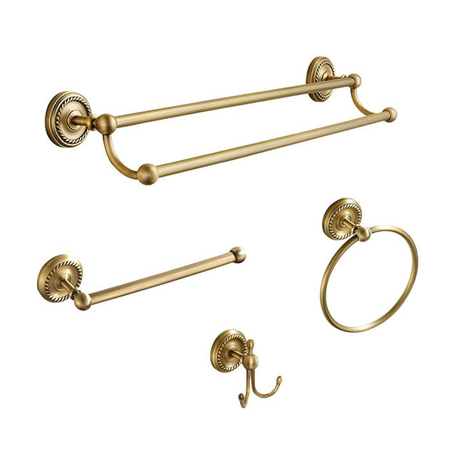 4 Piece Antique Brass Gold Bathroom Accessories Set - Brass 24” Double Towel Bar Set, Antique Bar Brass Bath Accessories - Wall Mounted Brass Bathroom Hardware Accessory Set