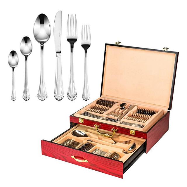 Italian Collection 'Tuscana Silver' 75-Pc Premium Silverware Flatware Serving Set, Dining Cutlery Service for 12, 24K Gold Plated 18/10 Stainless Steel Hostess Serving Set in a Chest