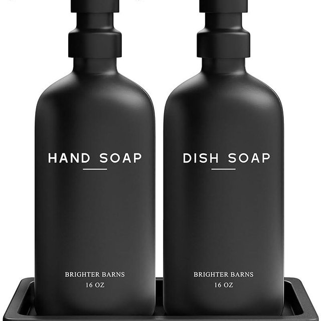 Black Glass Hand and Dish Soap Dispenser Set by Brighter Barns - Kitchen Soap Dispenser Set with Tray - Matte Black Soap Dispenser for Kitchen Sink - Black Kitchen Decor, Bathroom Accessories (Black)