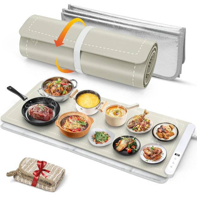 FYY Extra Large Warming Mat for Food with Heat Resistant Pad, Prevent Countertop Cracks, Keep Meal Warm, Rapid and Full Surface Heating, 6 Temp Settings, 6H Timer, Rollable Portable Food Warmer Khaki