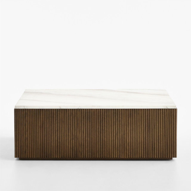 Troupe Marble and Oak Wood Ribbed 44" Square Coffee Table