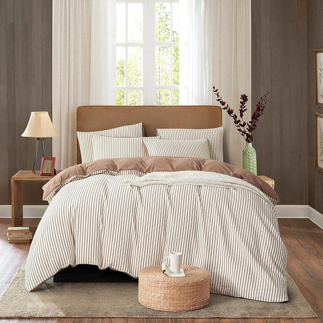 ERZRGA Brown Striped Comforter Set King - 3 Pieces Bedding Comforter Set for All Season, Soft Lightweight Washed Microfiber, 1 Striped Comforter and 2 Pillowcases (Brown, King Size)