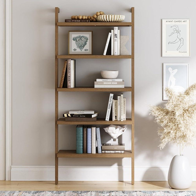 Nathan James Beacon 5 Tier Bookshelf, Wall Mounted Bookcase, Solid Wood Bookshelf in Wire Brushed Finish, Boho Rustic Bookcase