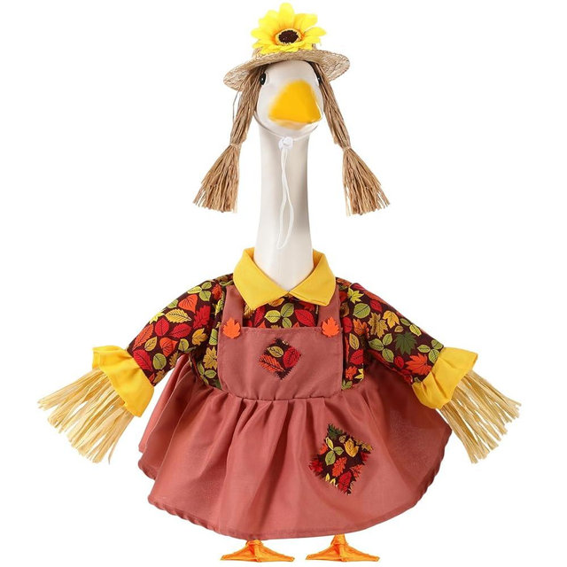 FuWeave Thanksgiving Porch Goose Outfit Maple Goose Costume Fancy Porch Geese Clothes with Wide Hat for 23" Outdoor Patio(Scarecrow Style)