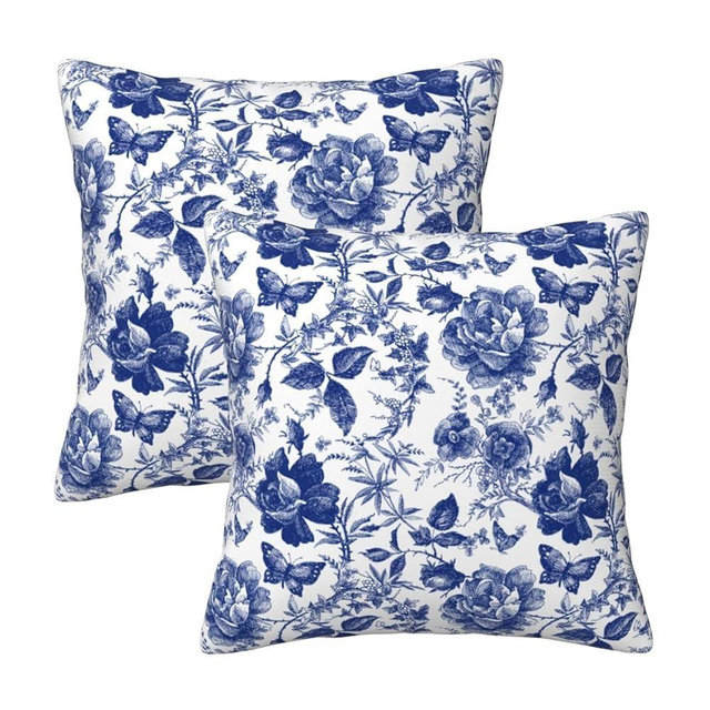 Tebjh Blue and White Porcelain Floral Butterfly Pillow Covers 18x18 in Vintage Chinoiserie Couch Pillow Case Sets of 2 Modern Decorative Square Throw Pillows for Living Room Cushion
