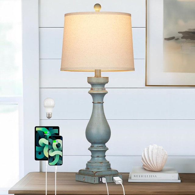 Cinkeda 27.5" Tall Coastal Lamp,Retro-Blue Vintage Bedside Nightstand Lamps with USB Charging Ports A/C,3-Way Dimmable Touch Control Table Lamps for Bedroom Living Room,Single Blue