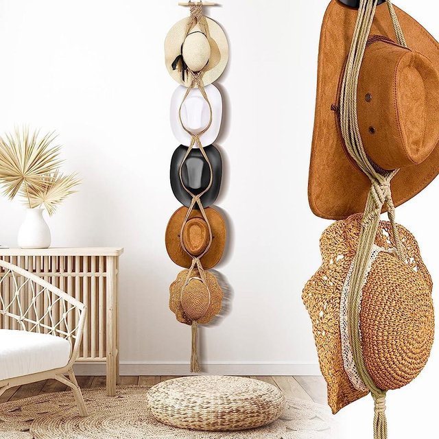 Yulejo Macrame Hat Hangers Boho for Wall Bohemian Women Rack Organizer Hanging Display Hand Weaving Decorative Cap Holder Wide Brim (Beige, Five Hats Style)