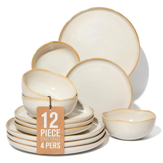 Pokini Ceramic Plates and Bowls Set, Everyday Dinnerware Set for 4, Wavy Rim Kitchen Dish Set, Chip Resistant Dishware Sets, Dishwasher Safe Dinner Set, Designed for Simple Meals, Yellow White