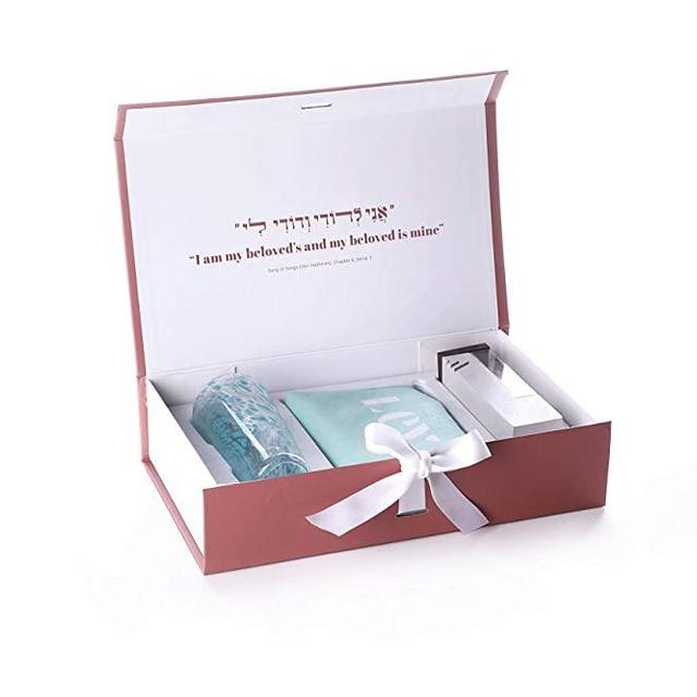 Chuppah Breaking Glass Mezuzah Kit-Jewish Wedding Engagement Gift-Keepsake with Cement Mezuzah Case, Color Glass Vessel, Pouch by Project Lev (Gray with Blue)
