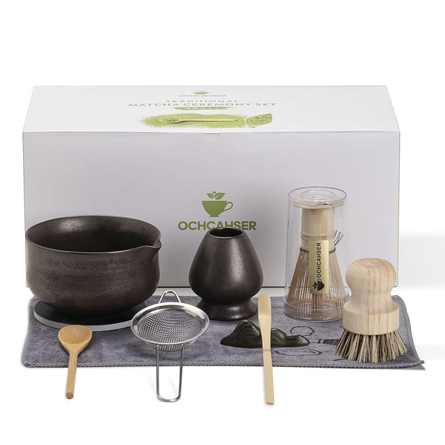 Ochcahser Matcha Whisk Set, Matcha Bowl with Spout and Coaster, Matcha Whisk and Holder, Sifter, Scoop, Spoon, Cleaning Brush - 10 Pcs Complete Ceramic Matcha Kit