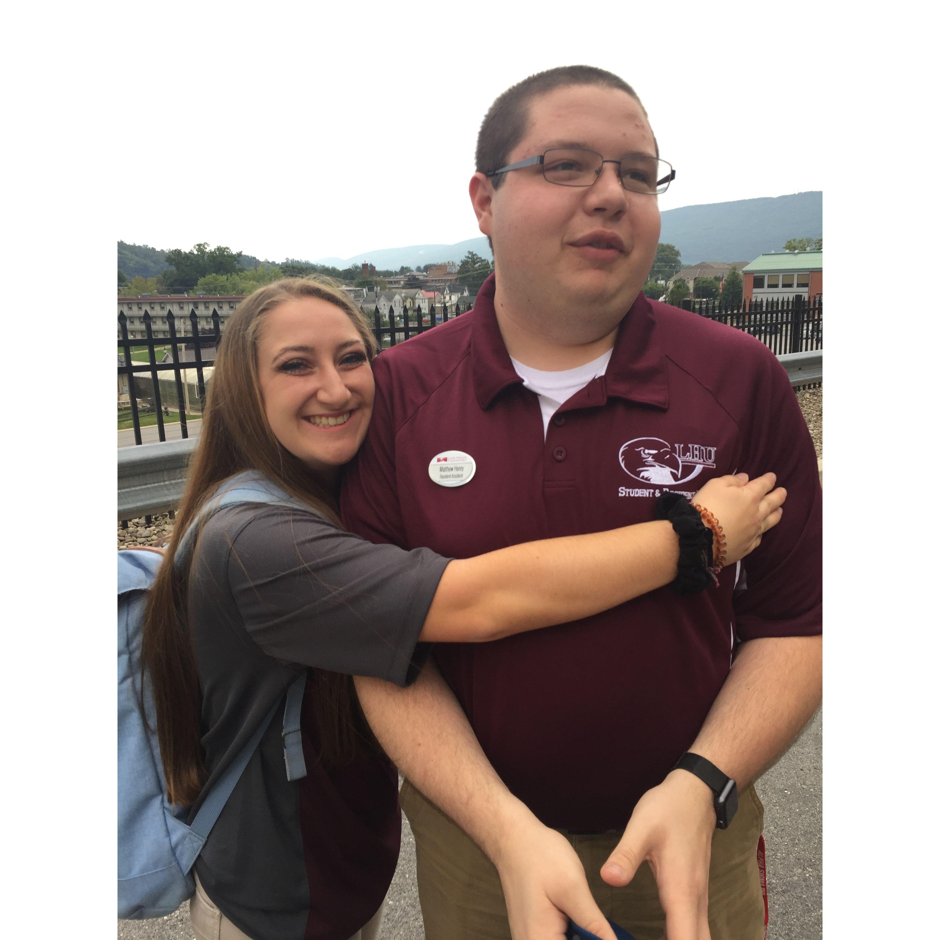 One of our first photos together in college. Matt and I met during RA training, hence the polo shirts and name tags.