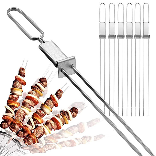 Lucalda Skewers for Grilling- 17" Long Double Pronged BBQ Skewers with Push Bar- Shish Kabob Skewers - Stainless Steel Skewer Sticks for Camping or Family - Reusable Skewers - 6 Pack