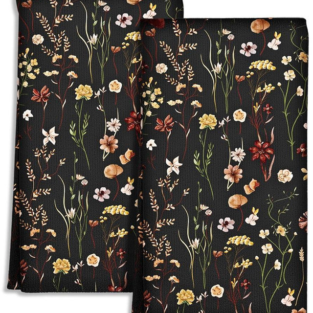 Miss Adola Cute Kitchen Towels Set of 2 - Dish Towels 18 x 26 Inch Microfiber Tea Towel for Home Decorative Black Flower Spring Soft Reusable & Absorbent Aesthetic Vintage Design