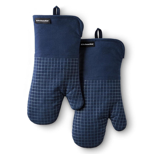 KITCHENAID Gourmet Series Gridlines Oven Mitts 2-Pack Set, Heat Resistant up to 600°F, Soft Silicone Grip, Magnetic Cuff, Ink Blue, 7"x14"