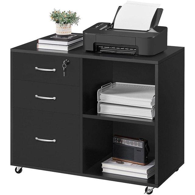 Yaheetech Black File Cabinet with Lock for Letter, A4 Size,3 Drawer Lateral Filing Cabinet Printer Stand with Open Storage Compartments,Mobile Filing Cabinet for Home Office, Black