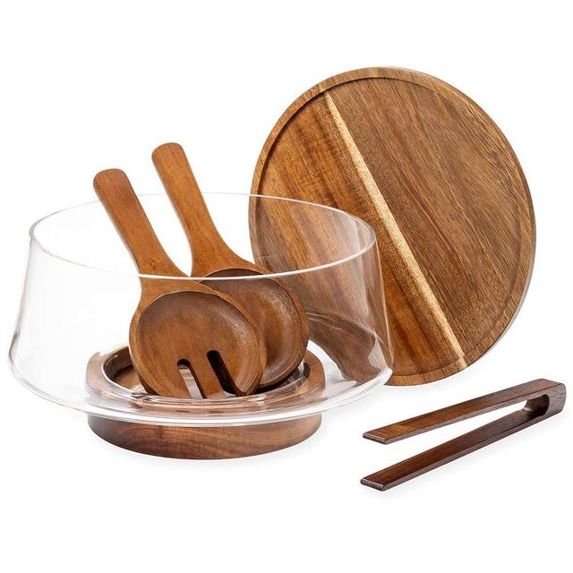 Oria Cook Large Glass Salad Bowl with Lid Set – 5 L, Glass Serving Bowl with Utensils, Cutting & Presentation Plate – Comes with Serving Utensils