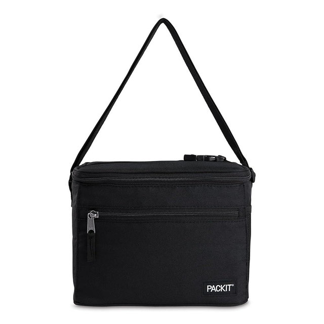 PackIt Freezable Essential Cooler, Black, Built with ECOFREEZE Technology, Fully Freezable, Collapsible, Reusable, With Removable Crossbody Strap, Top Clip Handle, Designed for Fresh Office