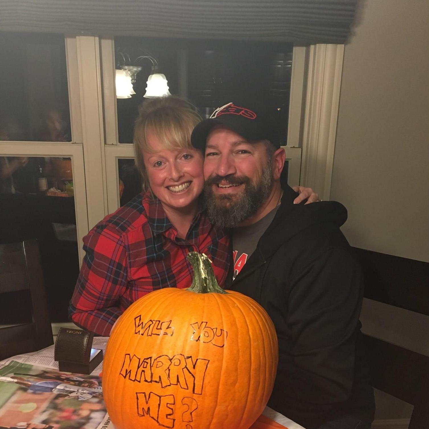 'Will you marry me?' Mike proposed to Maegan via pumpkin carving in front of her whole family. October 2018
