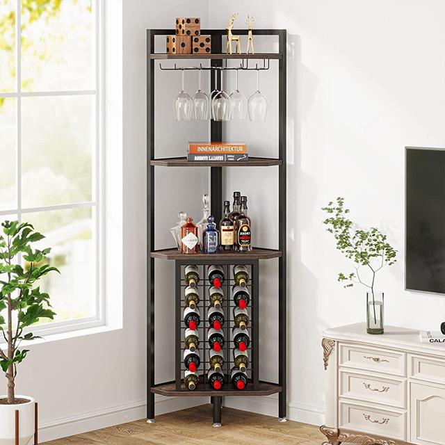 Tribesigns Corner Wine Rack with Glass Holder and Storage Shelves,4 Tier Corner Bar Freestanding Floor Wine Rack, Industrial Corner Shelf for Living Room, Dining Room,Kitchen