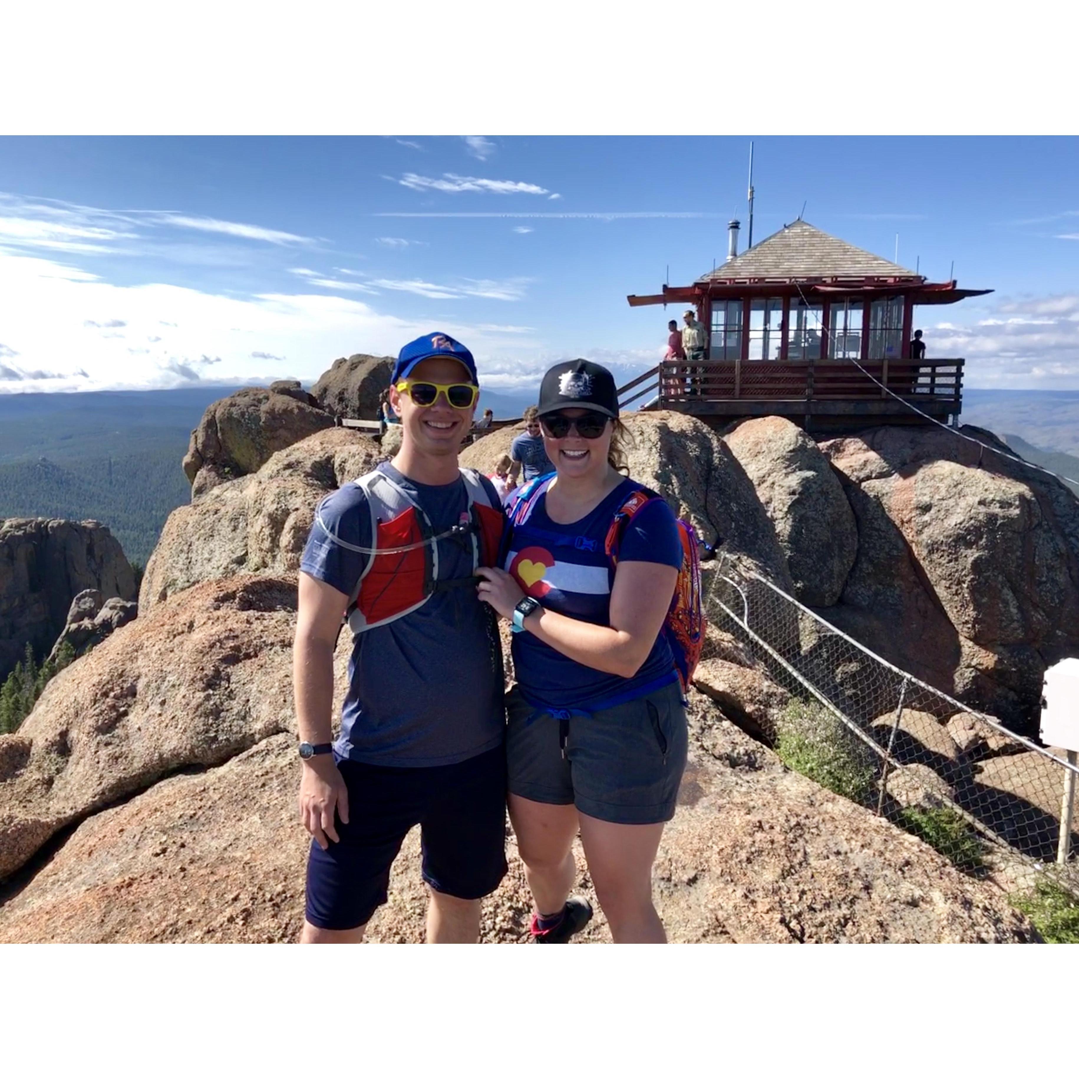 Hiking together. Brittany challenged Josh to trail run down, and instead she ran into a tree, making for an epic bruise and a fun story