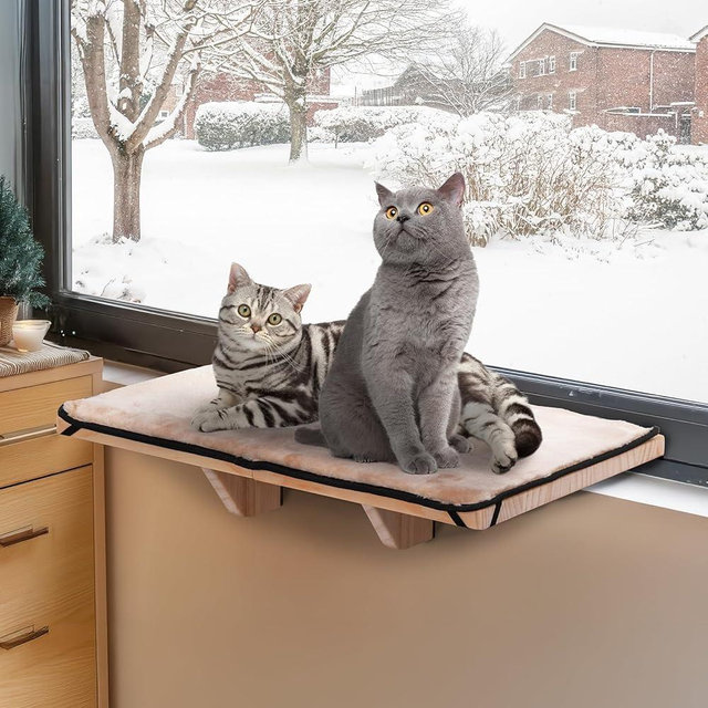 PETSFIT 2 Cats Design Cat Window Perch, Cat Hammock Window Seat with Natural Wood &Removable Fleece Mat for Large Cats, Easy to Adjust&Assemble Cat Bed for Windowsill, Bedside and Drawer