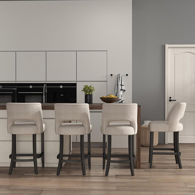 VKNOW Bar Stools Set of 4, Upholstered Counter Height Bar Stools, Modern Counter Stools with Black Legs for Kitchen Island Dining Room Bar, Beige-Black Legs