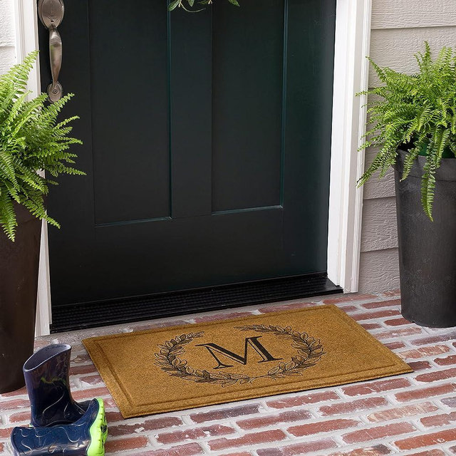 Mohawk Home Entryway Door Mat Laurel Monogram Letter M 1'6" x 2'6" Faux Coir Doormat All Weather Outdoor Non Slip Recycled Rubber