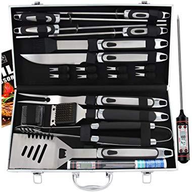 ROMANTICIST 21pc BBQ Grill Accessories Set with Thermometer - Ideal Grill Gift for Men Women on Birthday Wedding - Heavy Duty Stainless Steel Grilling Utensils with Non-Slip Handle in Aluminum Case