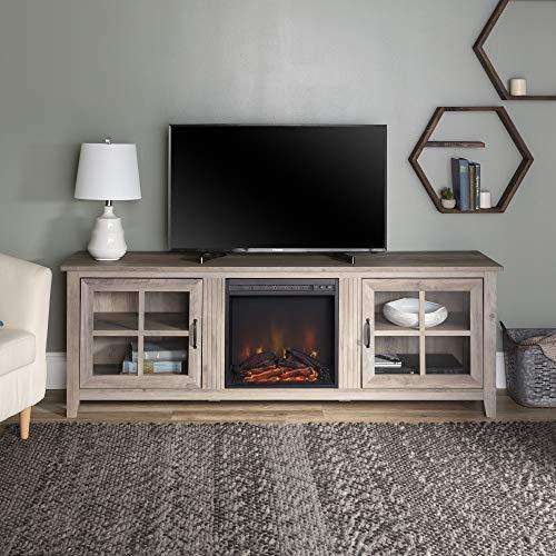 Walker Edison Furniture Company Modern Farmhouse Wood Fireplace Universal Stand with Cabinet Doors for TV's up to 80" Flat Screen Living Room Storage Entertainment Center, 70 Inch, Grey Wash