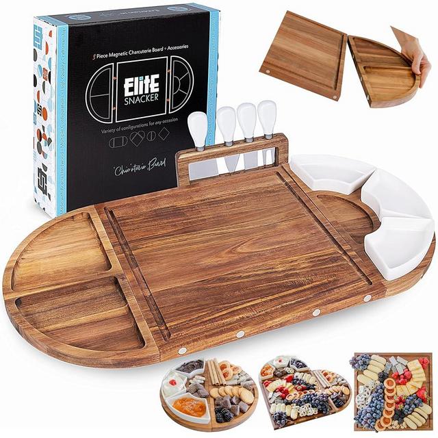 Large Wooden Charcuterie Board Set - 3-Piece Magnetic Long Serving Board Tray with Charcuterie Accessories - Acacia Wood Cheese Platter with Cheese Knife Set & Ceramic Dishes - Brown