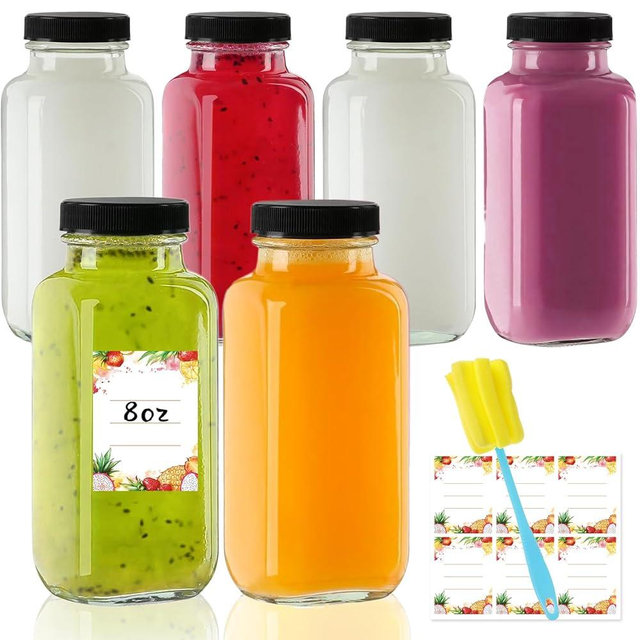 Yokodaza 8 oz Glass Juice Bottles with Lids 6-Pack - Reusable Small Juice Drinking Jars for Green Juices, Shots & Smoothies
