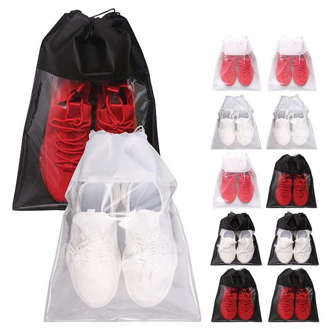12 Pack Portable Shoe Bags for Travel Large Shoes Pouch Storage Organizer Clear Window with Drawstring for Men and Women 6 Black 6 White