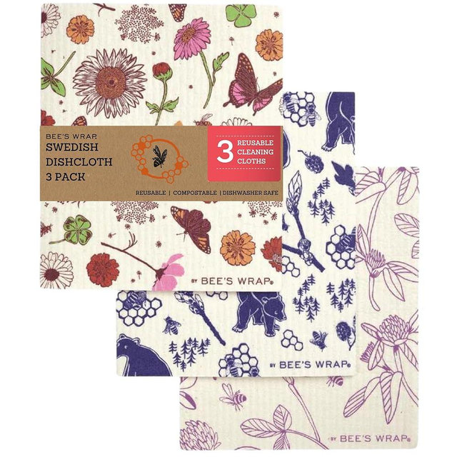 Bee's Wrap Reusable Swedish Dish Cloths, Pack of 3 Reusable Paper Towels for Kitchen, Patterned Swedish Dishcloths, Eco Friendly Dish Towels, Sponge Cloths for Cleaning, Assorted Prints