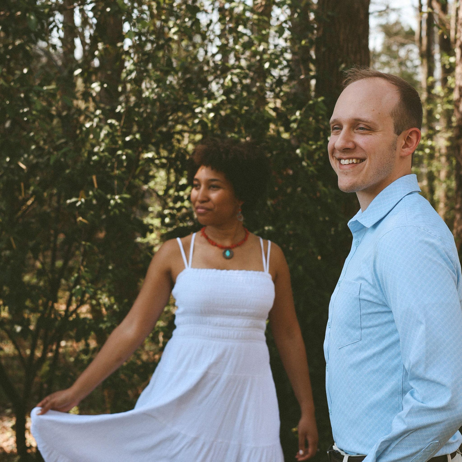 Engagement Photos in the Woods Behind Forest Trail House
