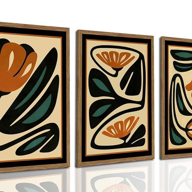 Mid Century Floral Wall Art Set of 3, Modern Abstract Botanical Wall Decor Picture, Vintage Boho Eclectic Plant Canvas Prints Paintings for Bedroom Living Room 12x16 inch Framed