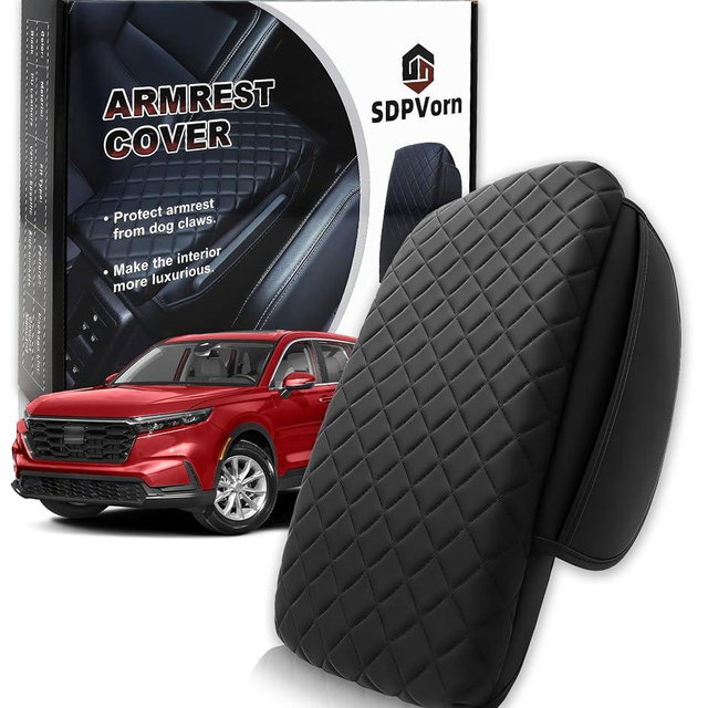SDPVorn Armrest Cover for Honda CRV Center Console Pad with Organizer Storage Pockets, Black Faux Leather Arm Rest Lid Protector Cushion Interior Accessories (2023-2026)