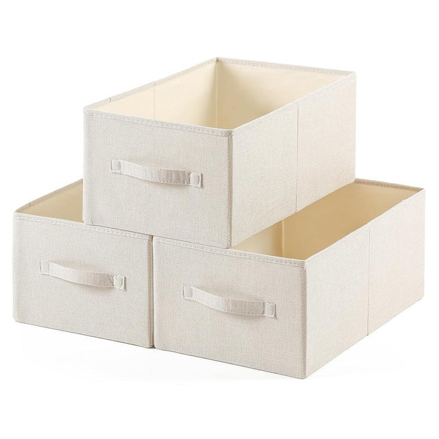 Linen Folding Storage Bins, 3 Pack Large Storage Baskets, Washable, Clothing Storage Bins with Handle, Closet Organizer for Storage Sweater,Sheets(Beige, 18½"x11" x8½")